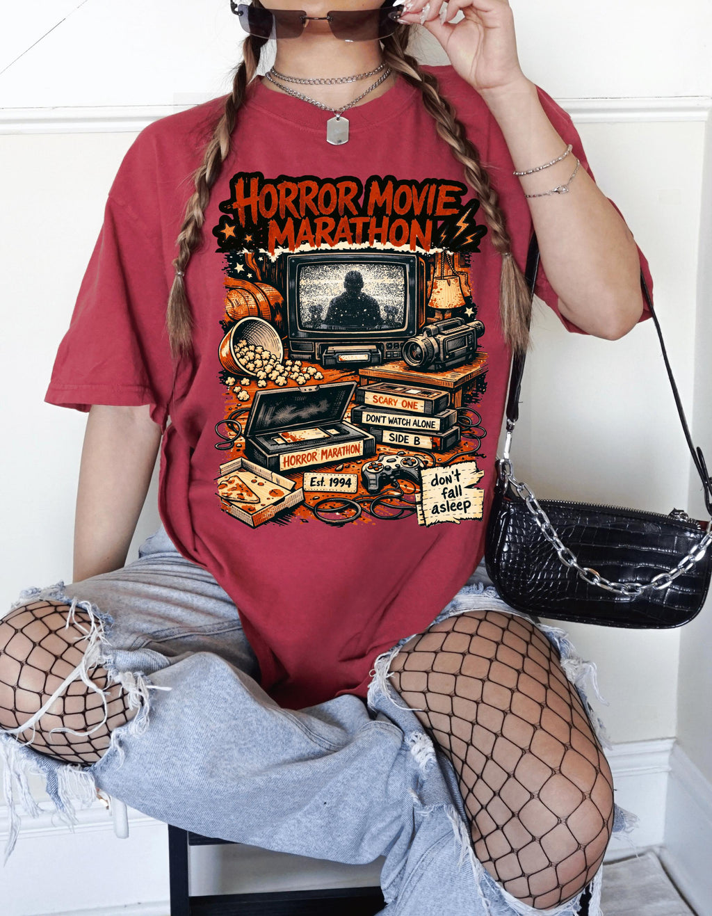 Horror Movie Marathon T-Shirt | Retro TV Popcorn Halloween Vintage Spooky Film Buff Gift Tee