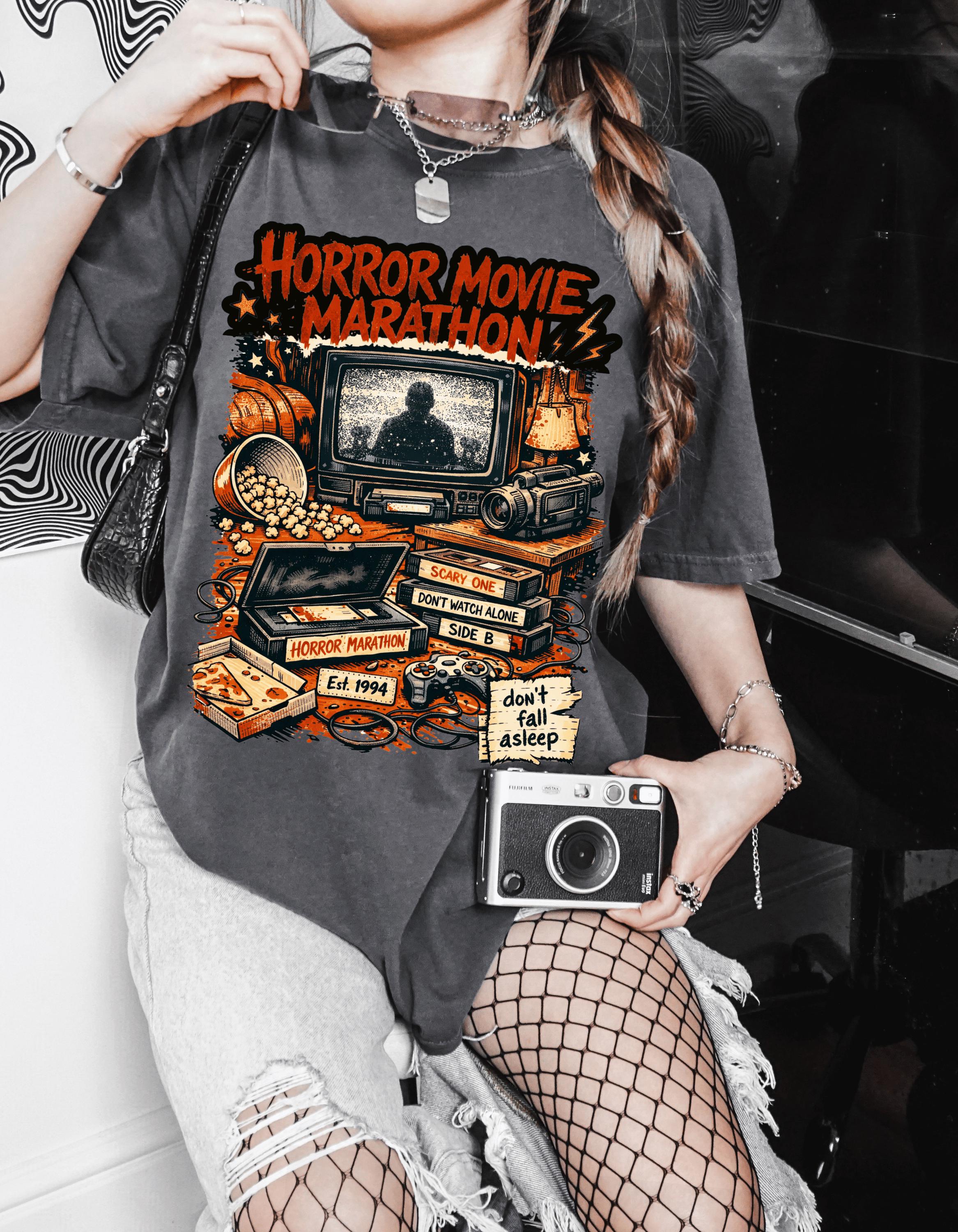 Horror Movie Marathon T-Shirt | Retro TV Popcorn Halloween Vintage Spooky Film Buff Gift Tee
