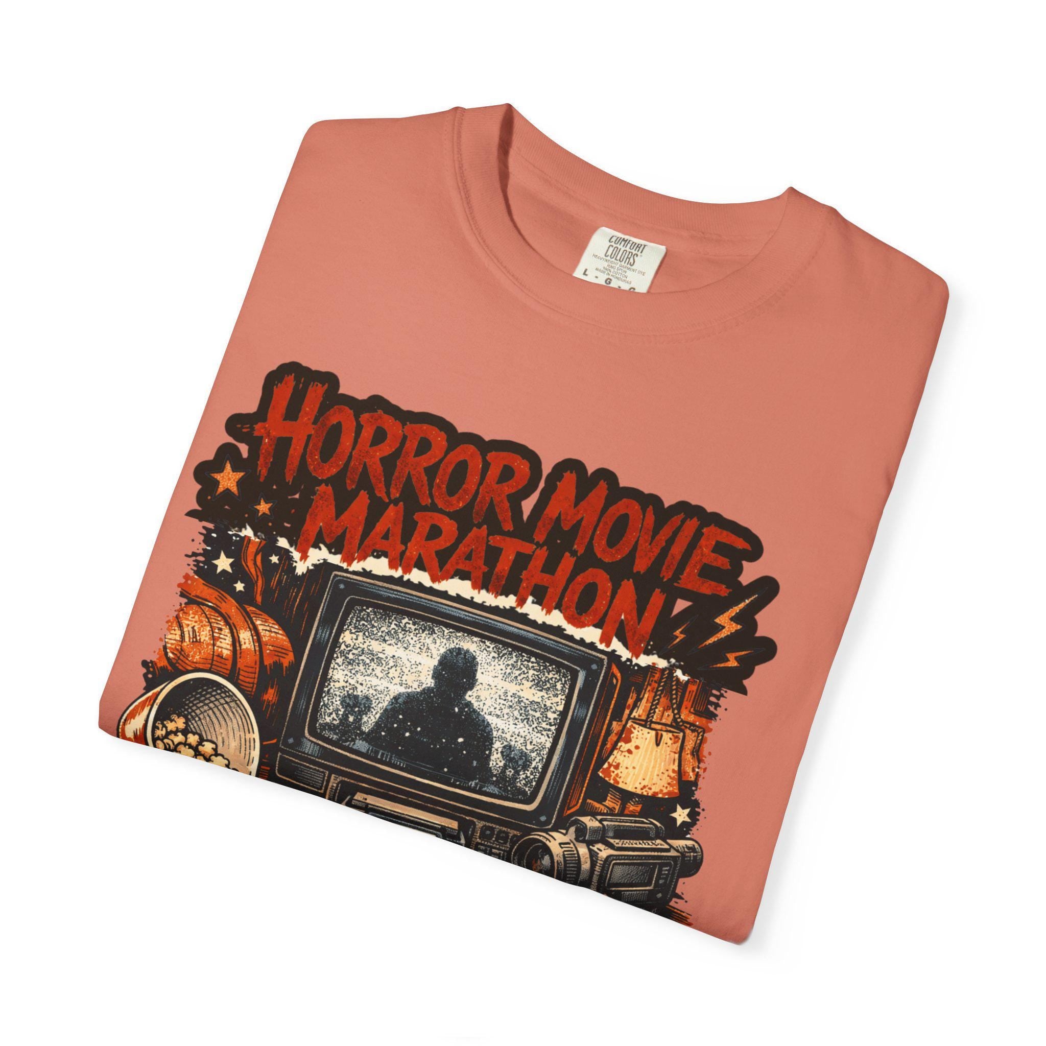 Horror Movie Marathon T-Shirt | Retro TV Popcorn Halloween Vintage Spooky Film Buff Gift Tee