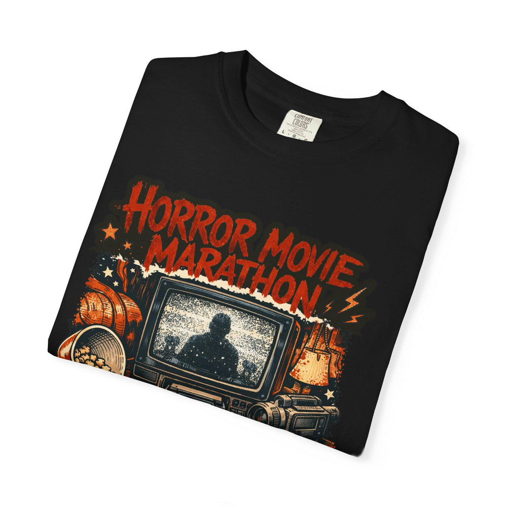 Horror Movie Marathon T-Shirt | Retro TV Popcorn Halloween Vintage Spooky Film Buff Gift Tee