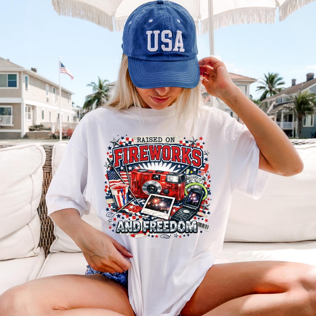 Raised on Fireworks and Freedom T-Shirt | Patriotic 4th of July Veteran Tee American Pride Gift