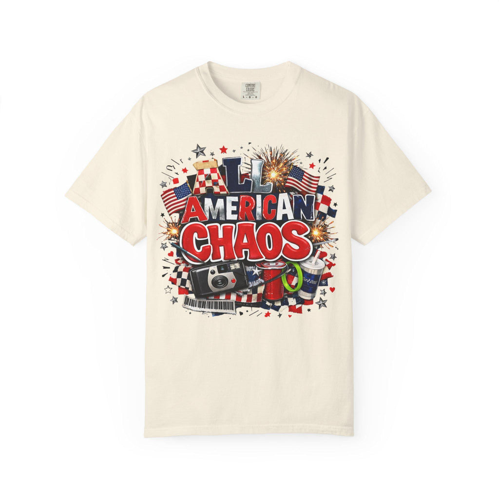 All American Chaos T-Shirt | Patriotic Fireworks Flags Vintage Radio Graphic Tee USA July 4th Independence Day Gift