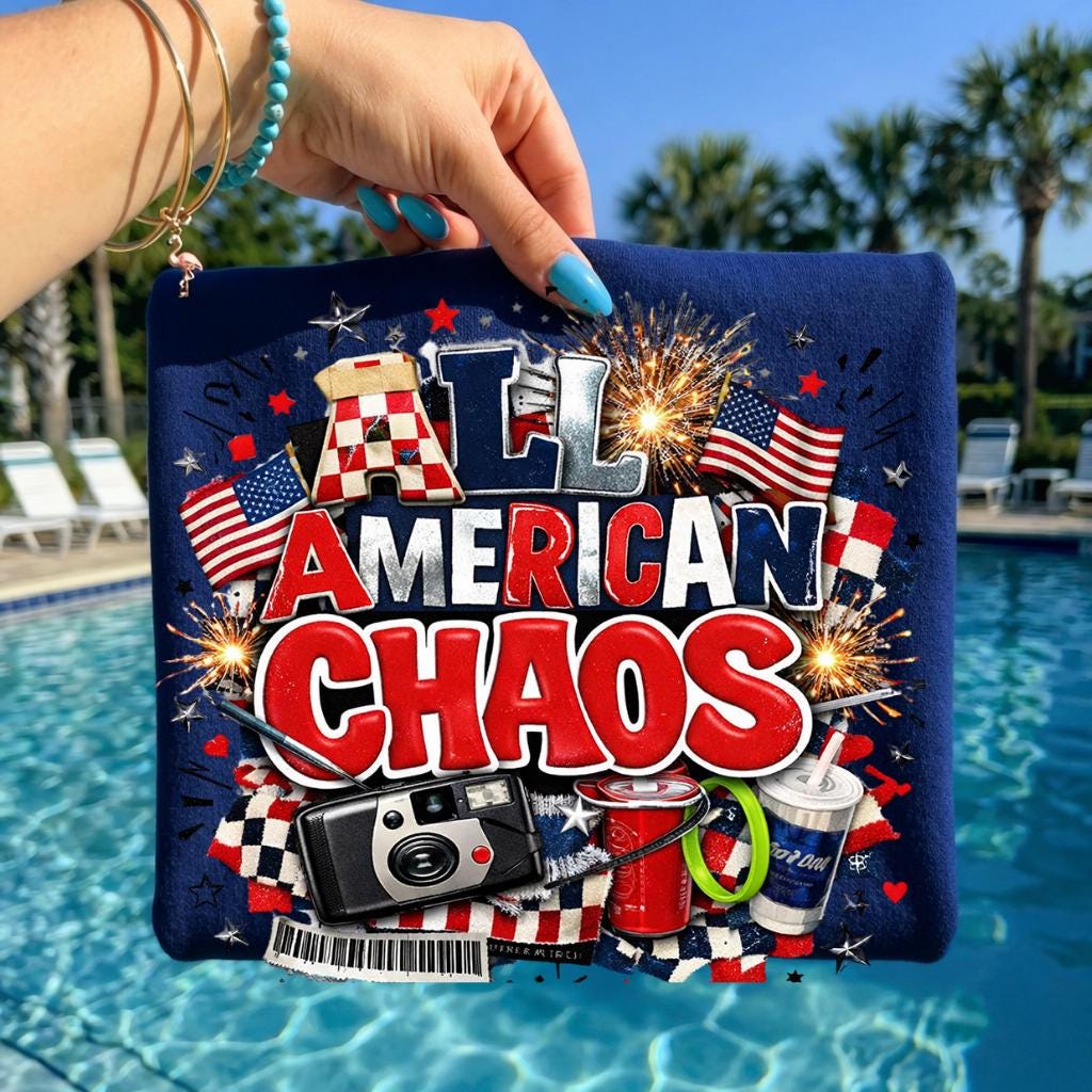All American Chaos T-Shirt | Patriotic Fireworks Flags Vintage Radio Graphic Tee USA July 4th Independence Day Gift