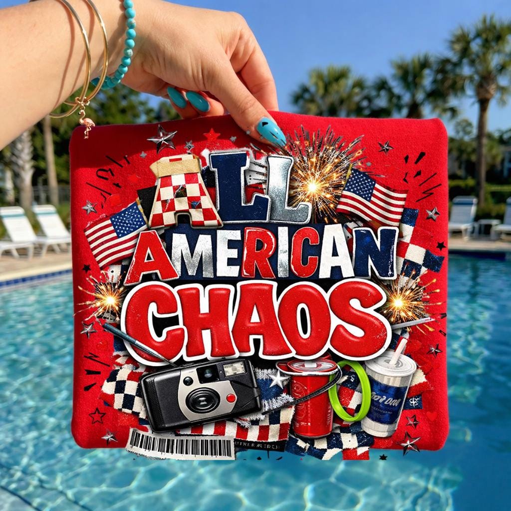 All American Chaos T-Shirt | Patriotic Fireworks Flags Vintage Radio Graphic Tee USA July 4th Independence Day Gift