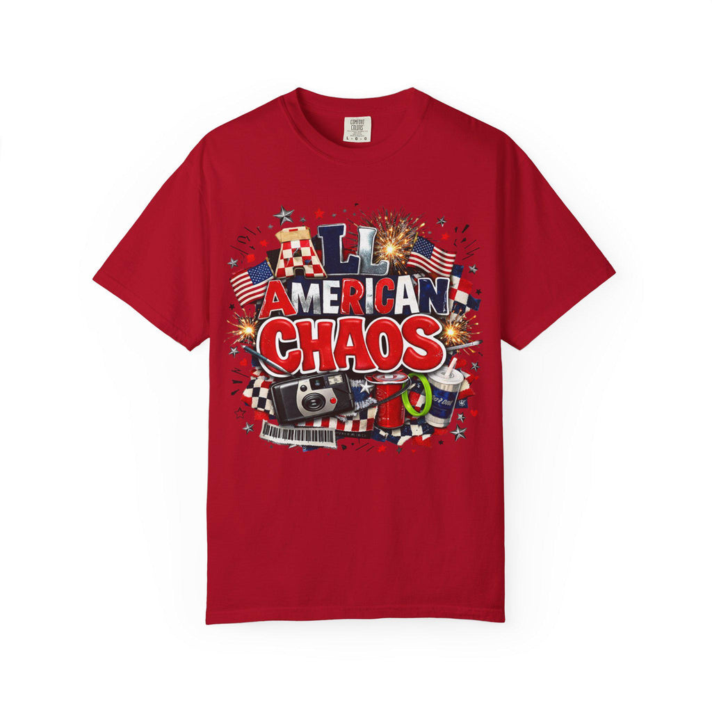 All American Chaos T-Shirt | Patriotic Fireworks Flags Vintage Radio Graphic Tee USA July 4th Independence Day Gift