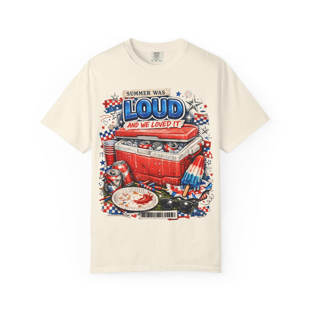 Summer Was Loud Cooler Graphic T-Shirt | Patriotic Fourth of July Vintage Festival Tee
