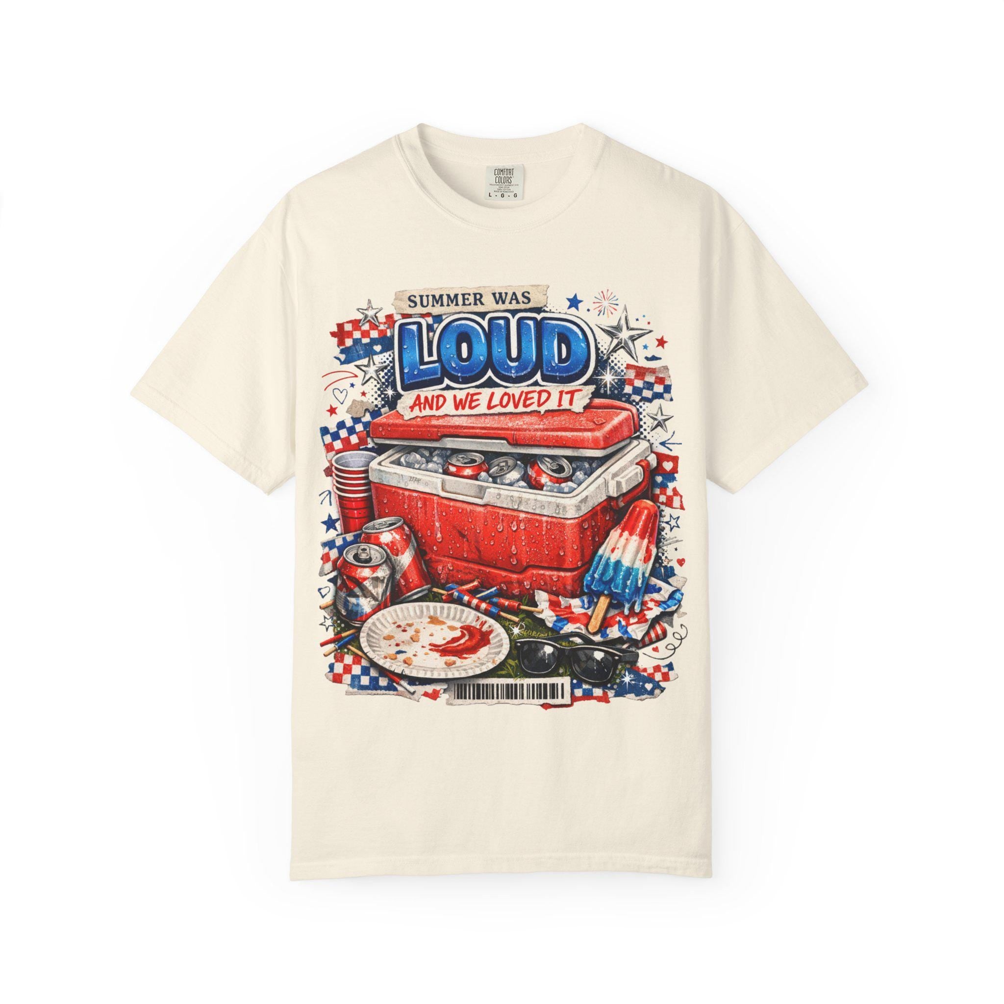 Summer Was Loud Cooler Graphic T-Shirt | Patriotic Fourth of July Vintage Festival Tee