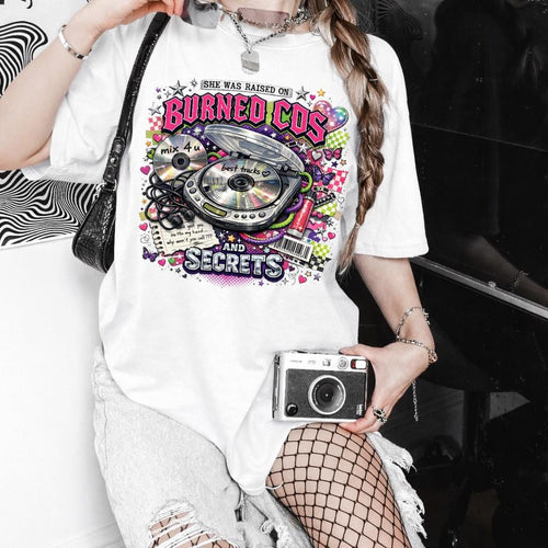 Burned CDs Secrets T-Shirt | Retro Mixtape Graphic Tee, Music Lover Unisex Shirt