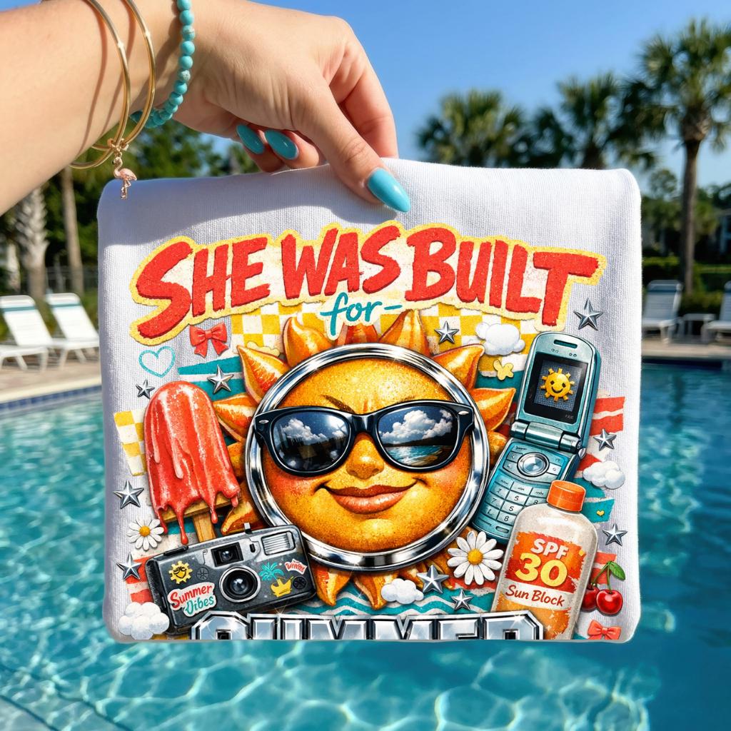 She Was Built For Summer T-Shirt | Sunshine Face Sunglasses Popsicle Retro Beach Graphic Tee