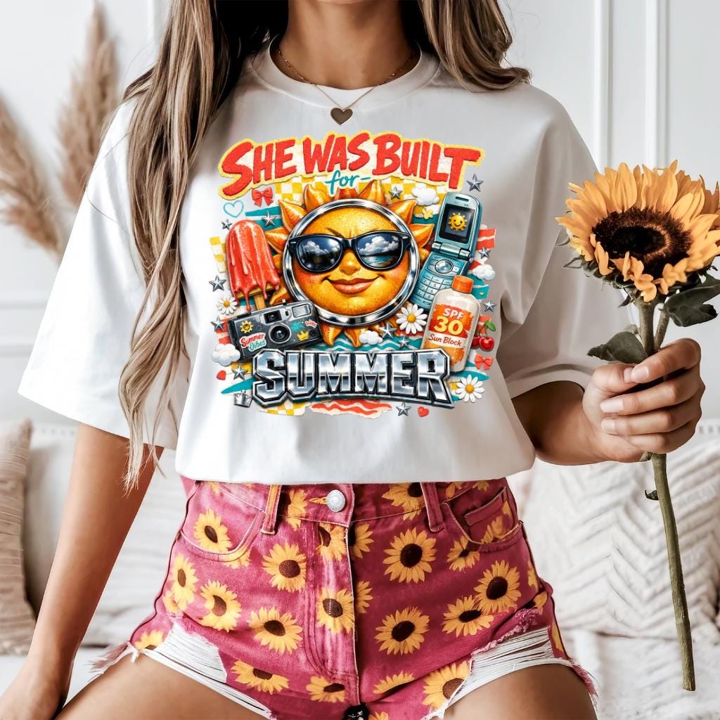 She Was Built For Summer T-Shirt | Sunshine Face Sunglasses Popsicle Retro Beach Graphic Tee