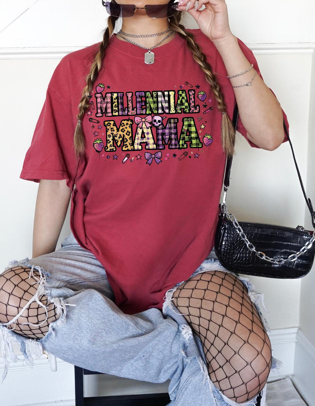 Millennial Mama T-Shirt | Garment-Dyed Boho Mom Tee, Leopard Bow Heart Design