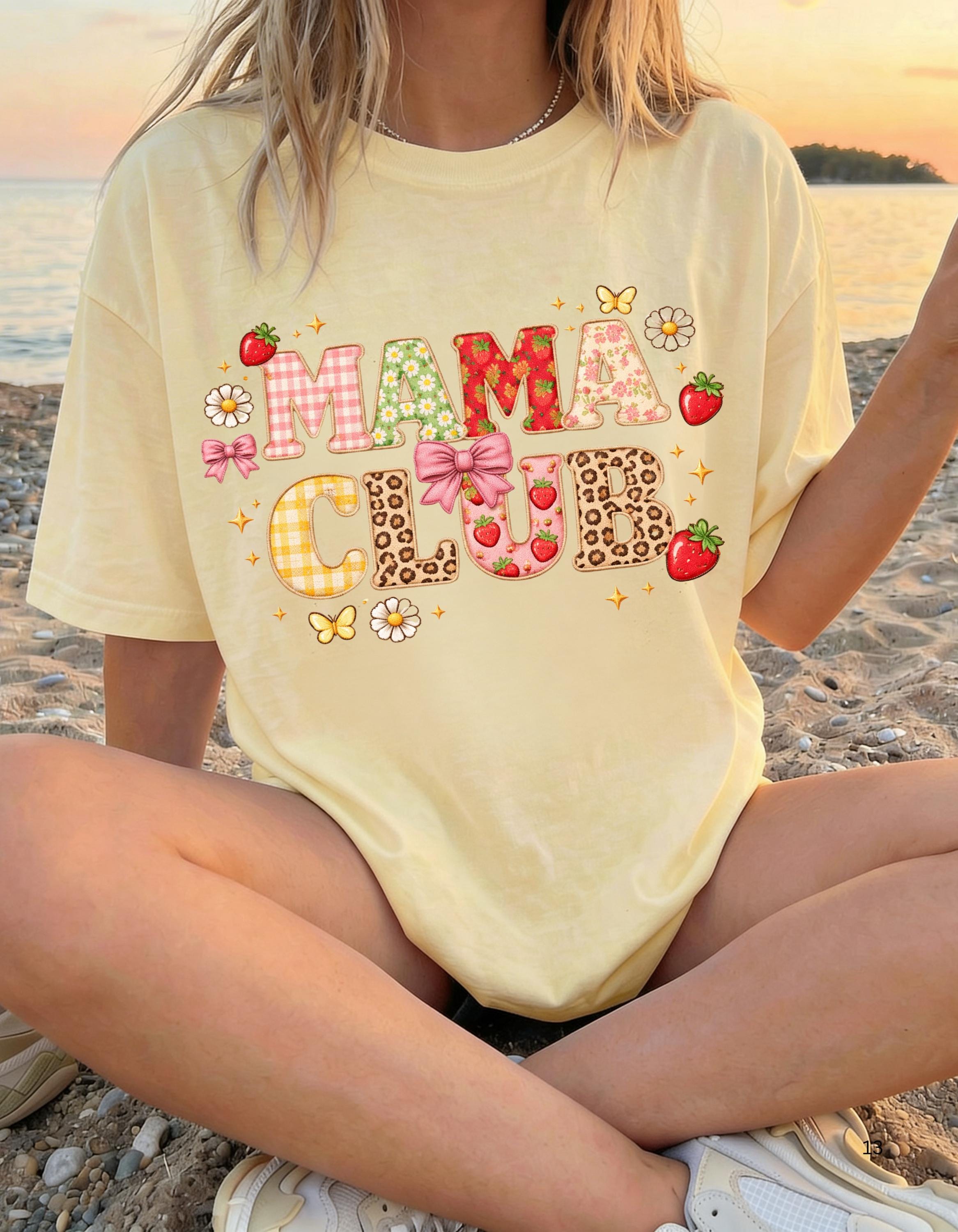 Mama Club T-Shirt: Retro Strawberry Floral Graphic Top – Boho Casual Wear