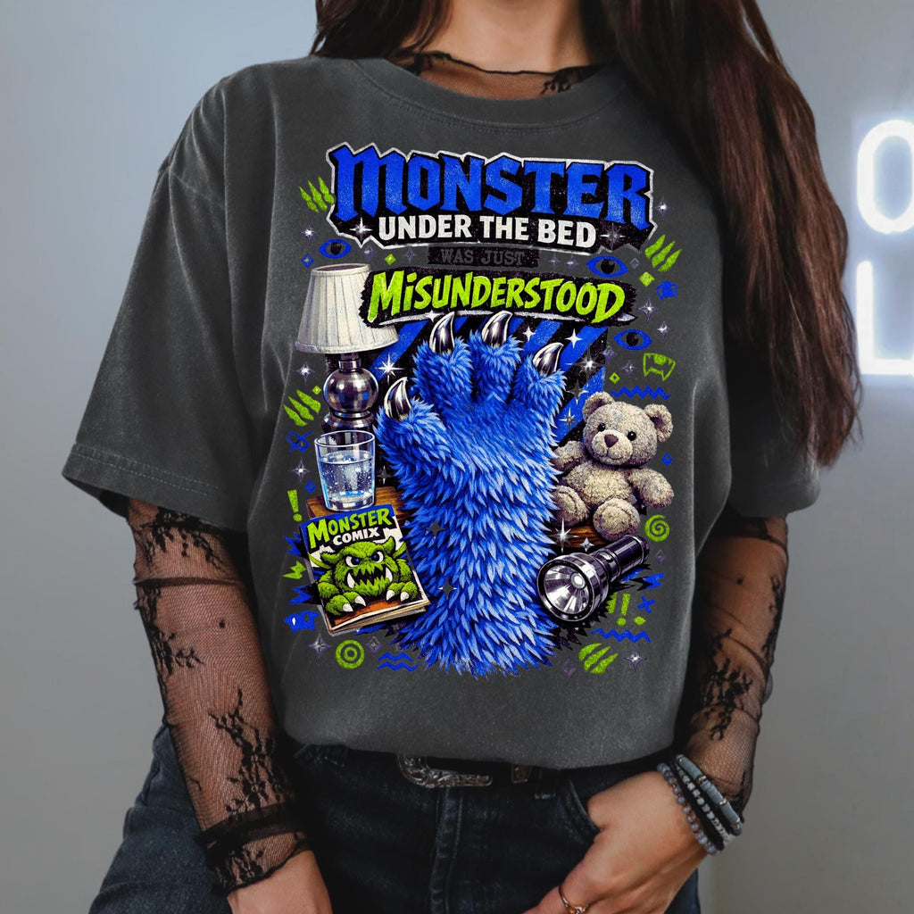 Monster Under Bed Graphic Tee | Garment-Dyed Relaxed Fit Unisex Shirt
