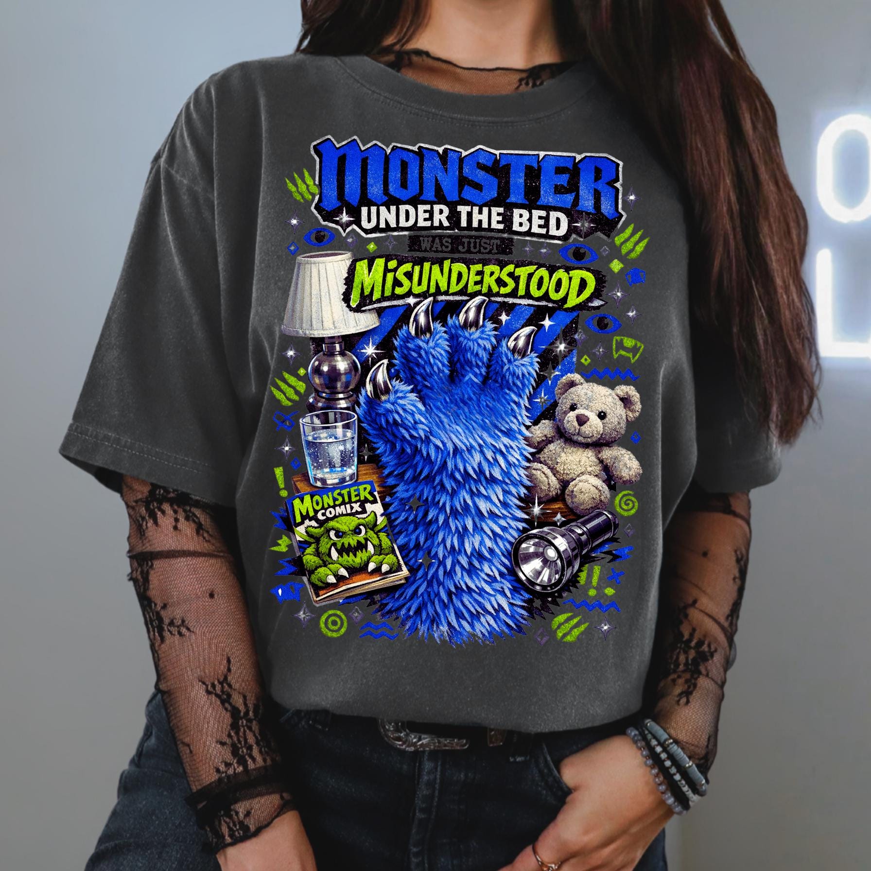 Monster Under Bed Graphic Tee | Garment-Dyed Relaxed Fit Unisex Shirt