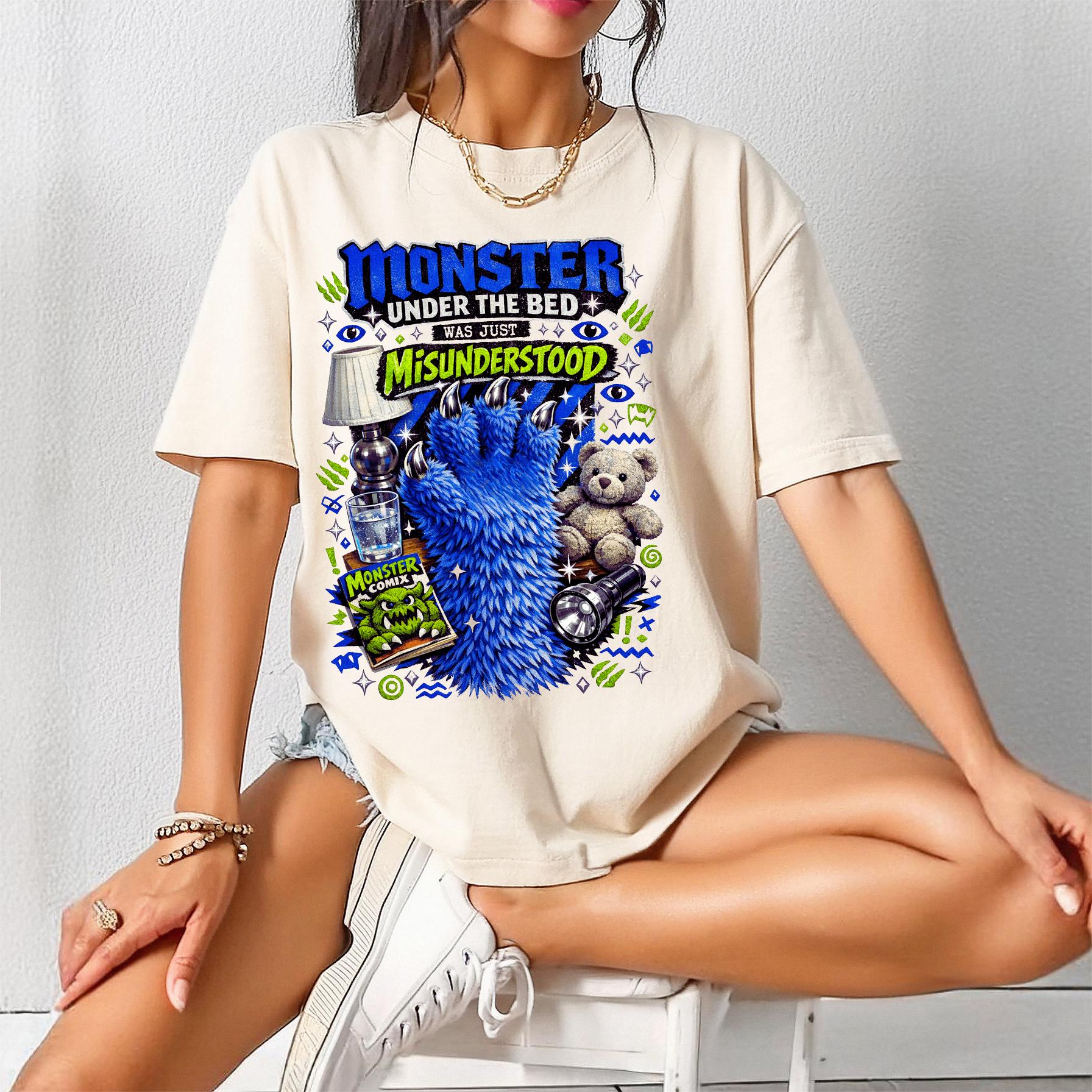 Monster Under Bed Graphic Tee | Garment-Dyed Relaxed Fit Unisex Shirt