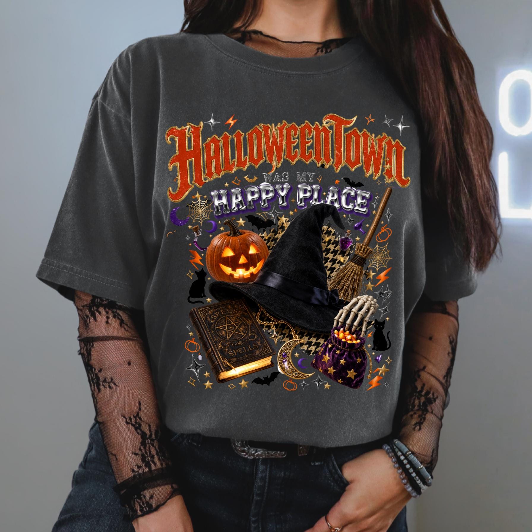 Halloween Town Witch Pumpkin Design T-Shirt | Spooky Autumn Gothic Tee Unisex Vintage Style