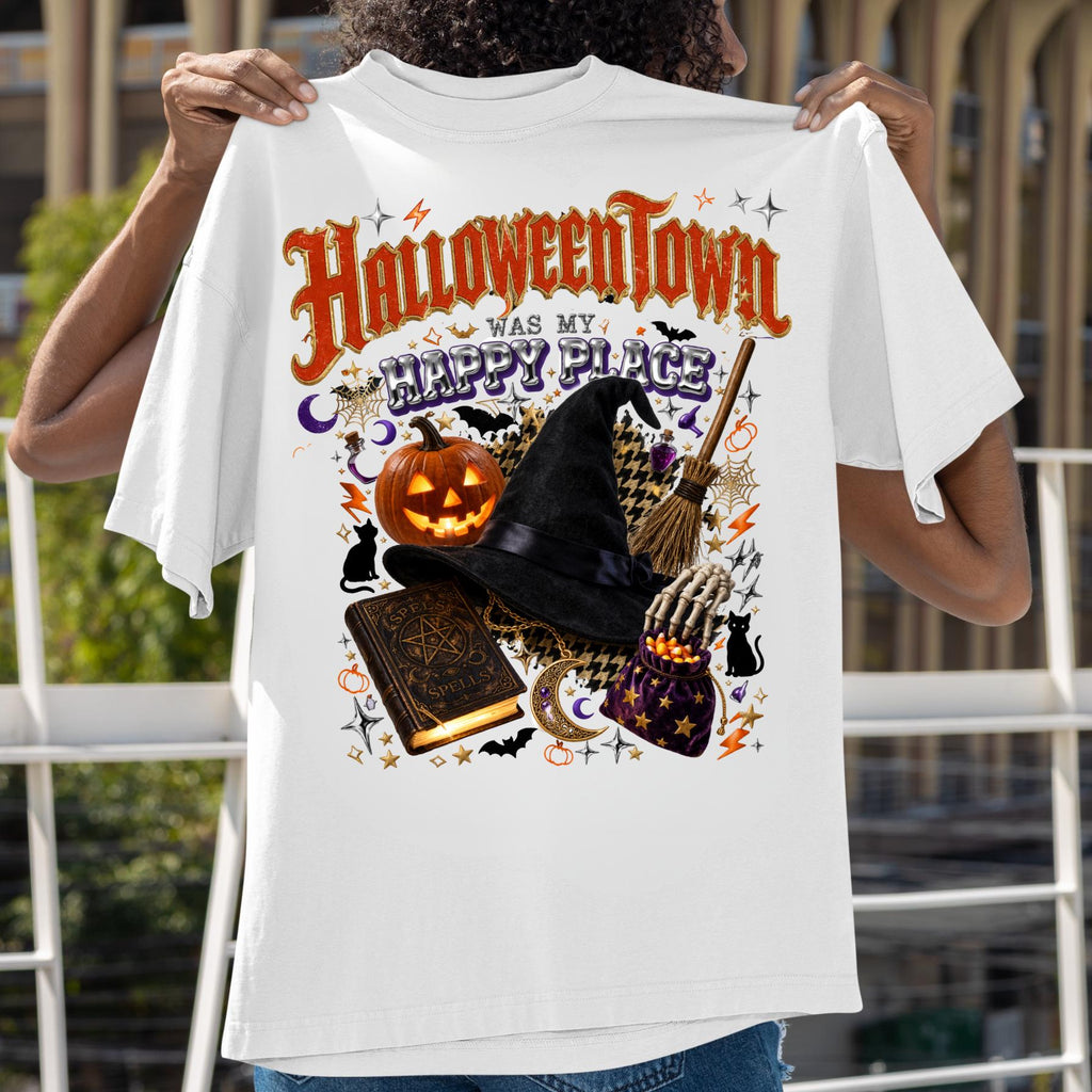 Halloween Town Witch Pumpkin Design T-Shirt | Spooky Autumn Gothic Tee Unisex Vintage Style