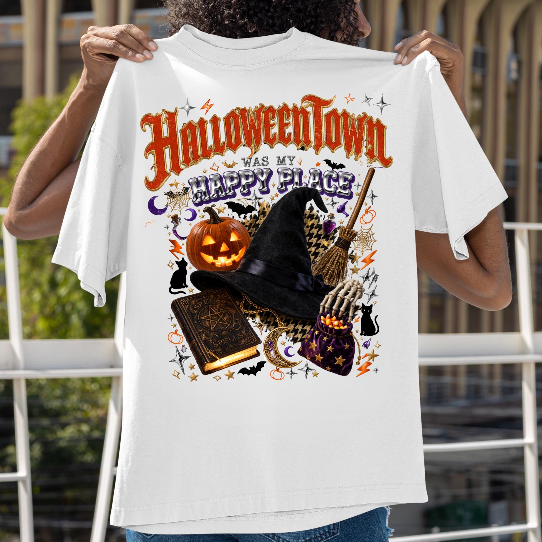 Halloween Town Witch Pumpkin Design T-Shirt | Spooky Autumn Gothic Tee Unisex Vintage Style