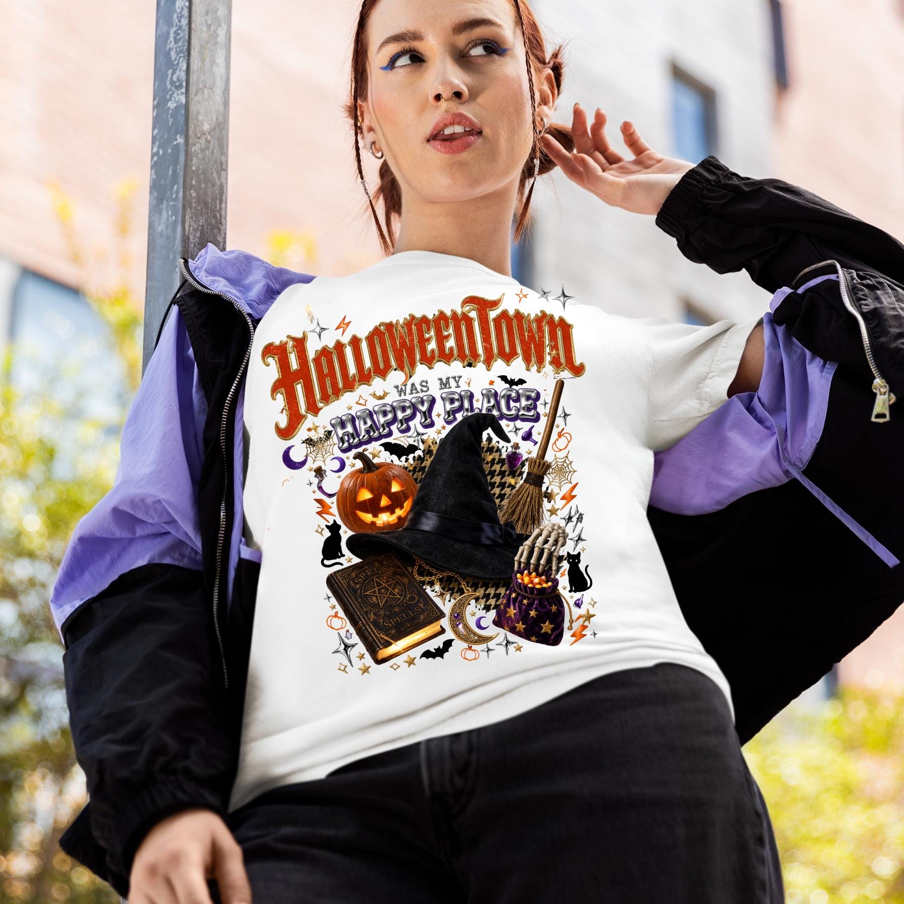 Halloween Town Witch Pumpkin Design T-Shirt | Spooky Autumn Gothic Tee Unisex Vintage Style