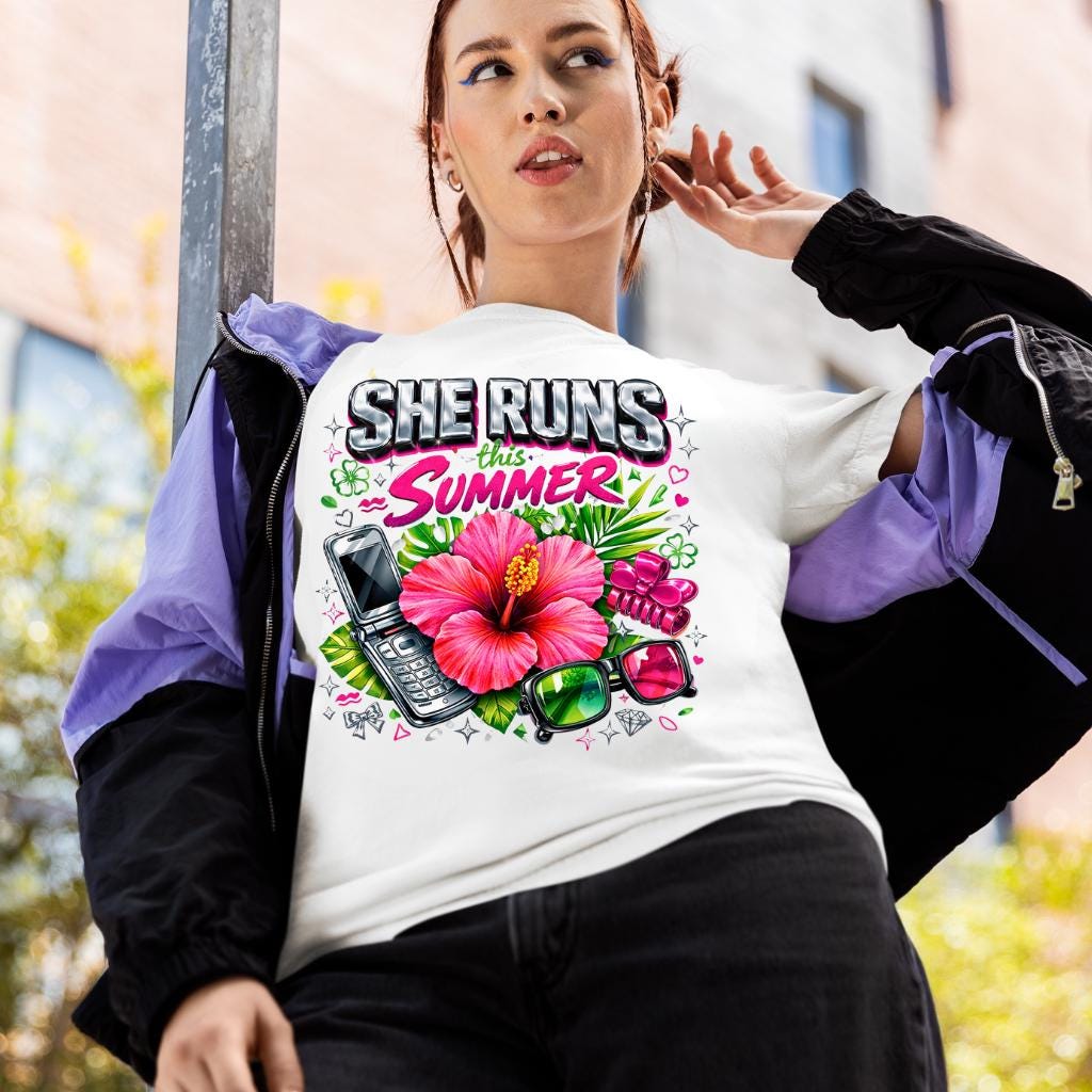 She Runs This Summer T-Shirt | Hibiscus Sunglasses Retro Phone Design Tropical Vacation Tee