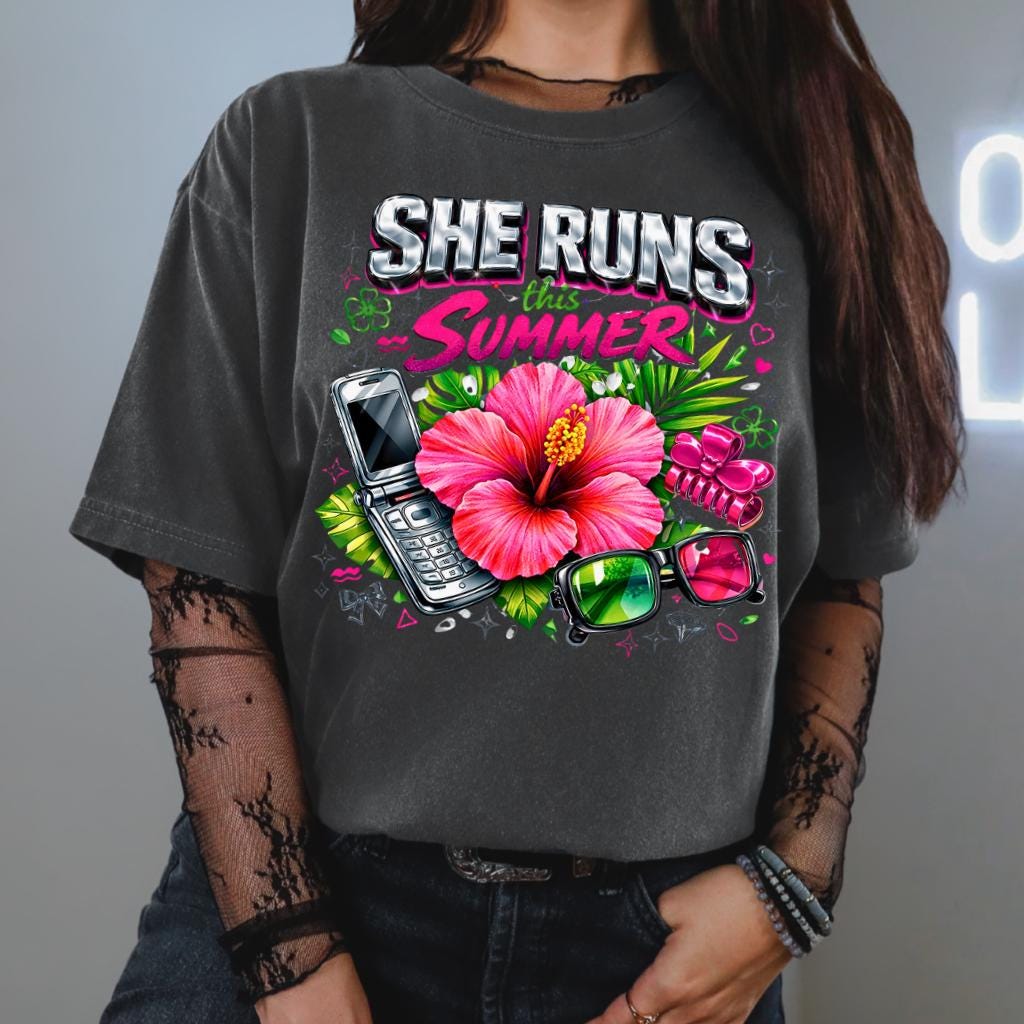 She Runs This Summer T-Shirt | Hibiscus Sunglasses Retro Phone Design Tropical Vacation Tee