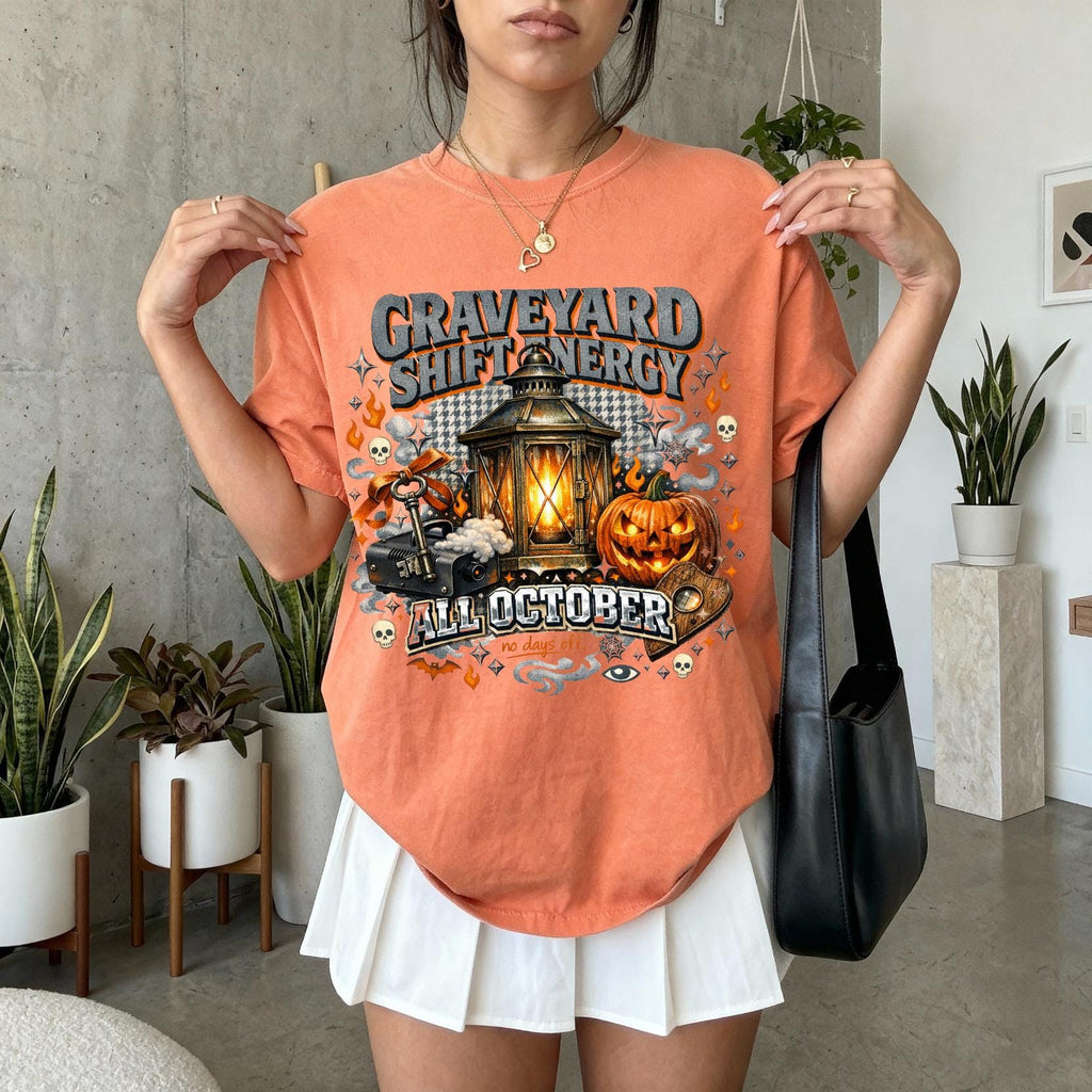 Graveyard Shift Energy Halloween T-Shirt, Spooky Pumpkin Lantern Gothic Tee