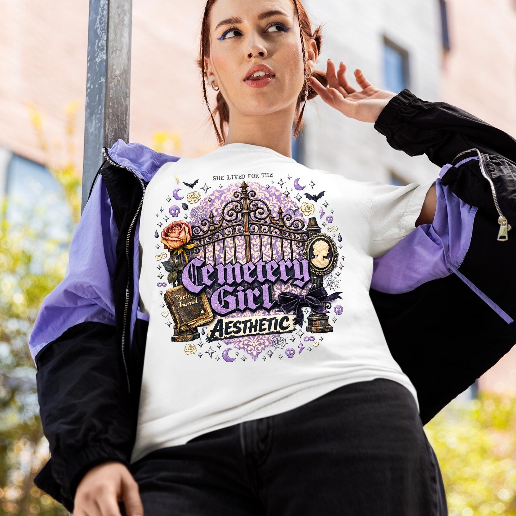 Cemetery Girl T-shirt | Gothic Graveyard Gate Vignette Design