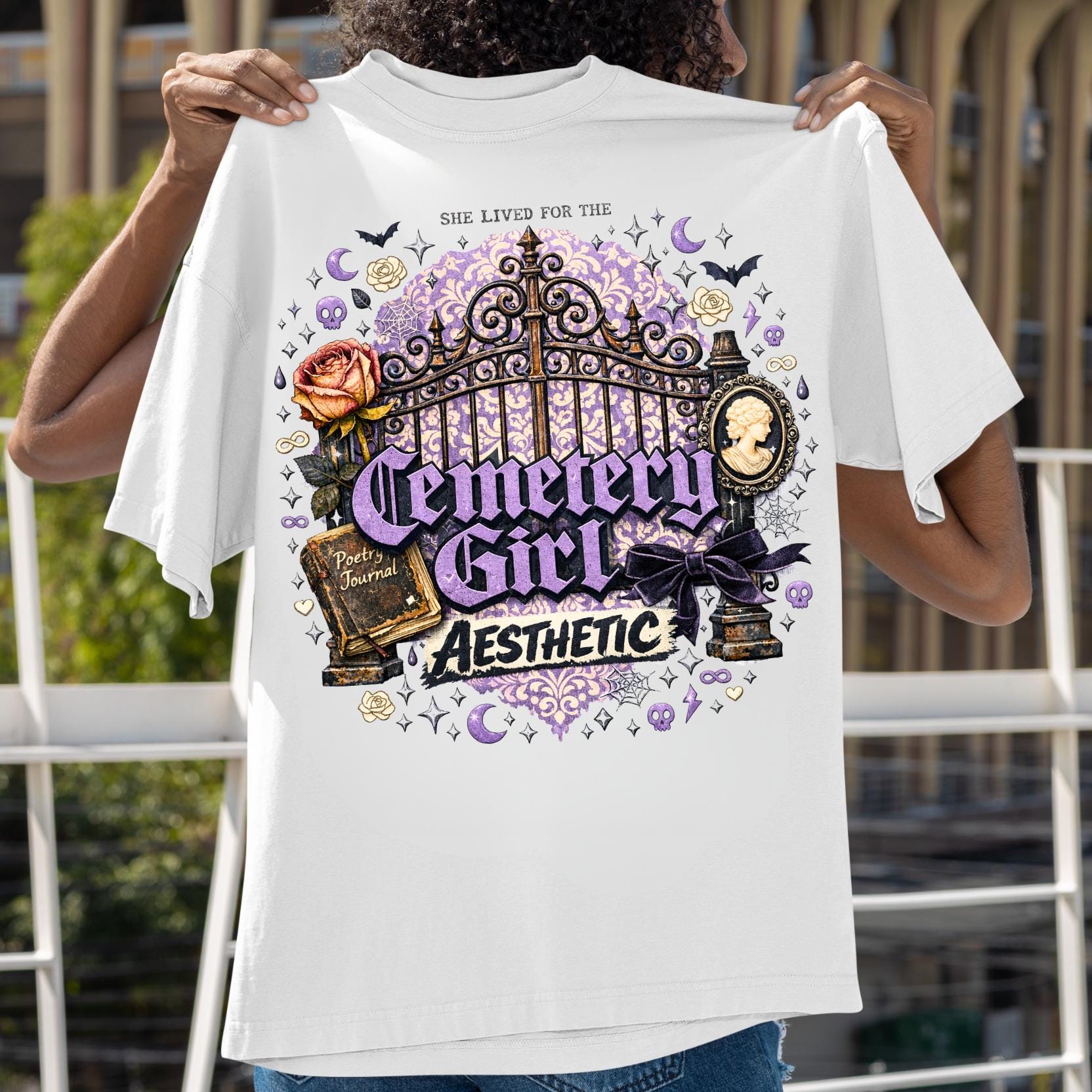 Cemetery Girl T-shirt | Gothic Graveyard Gate Vignette Design