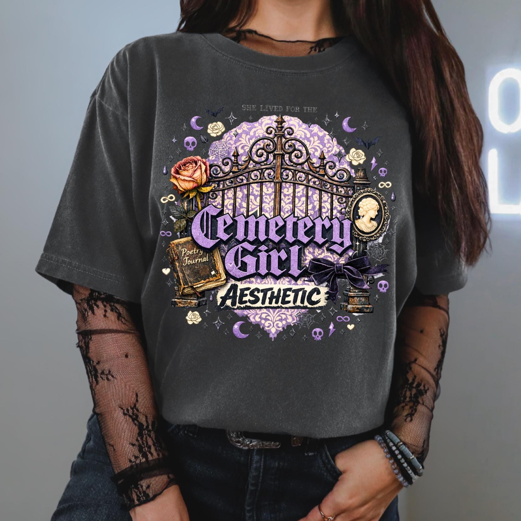 Cemetery Girl T-shirt | Gothic Graveyard Gate Vignette Design