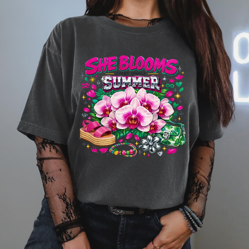 She Blooms Pink Orchid Summer T-Shirt | Botanical Garden Casual Tee