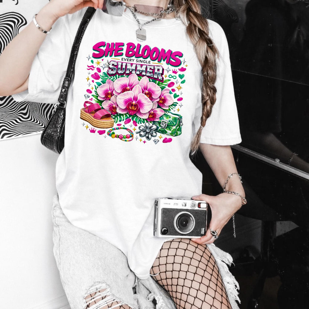 She Blooms Pink Orchid Summer T-Shirt | Botanical Garden Casual Tee