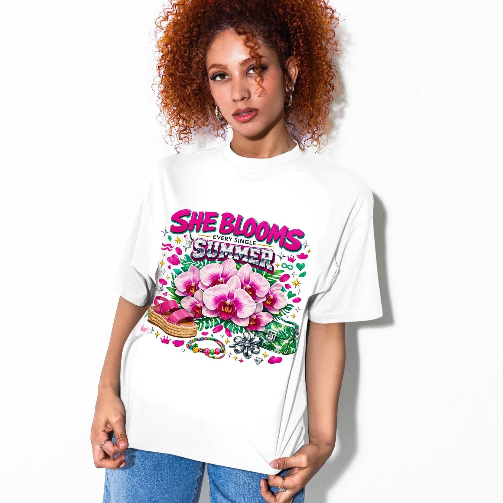 She Blooms Pink Orchid Summer T-Shirt | Botanical Garden Casual Tee