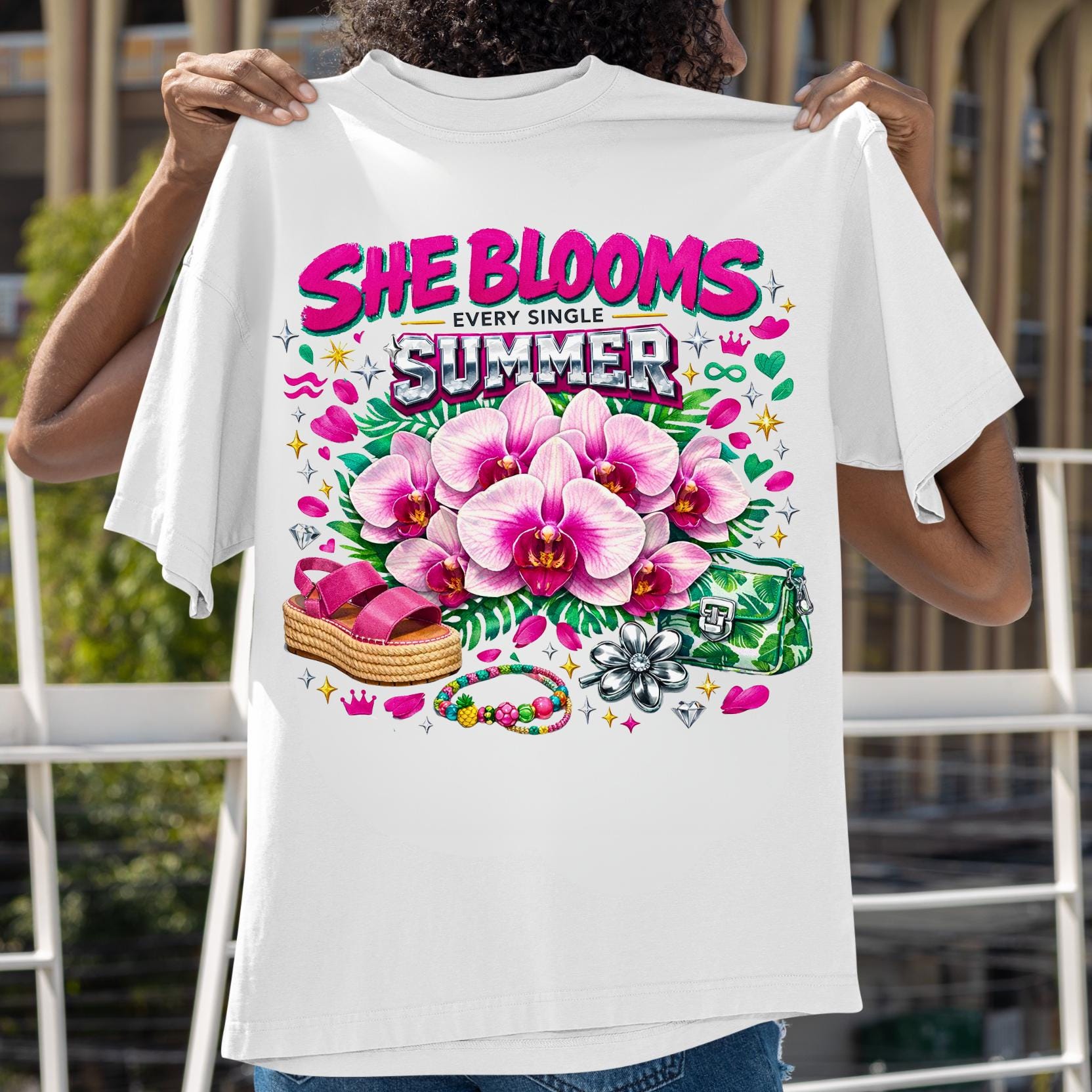 She Blooms Pink Orchid Summer T-Shirt | Botanical Garden Casual Tee