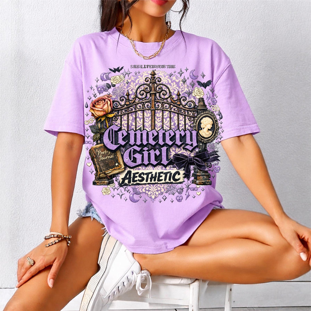 Cemetery Girl T-shirt | Gothic Graveyard Gate Vignette Design