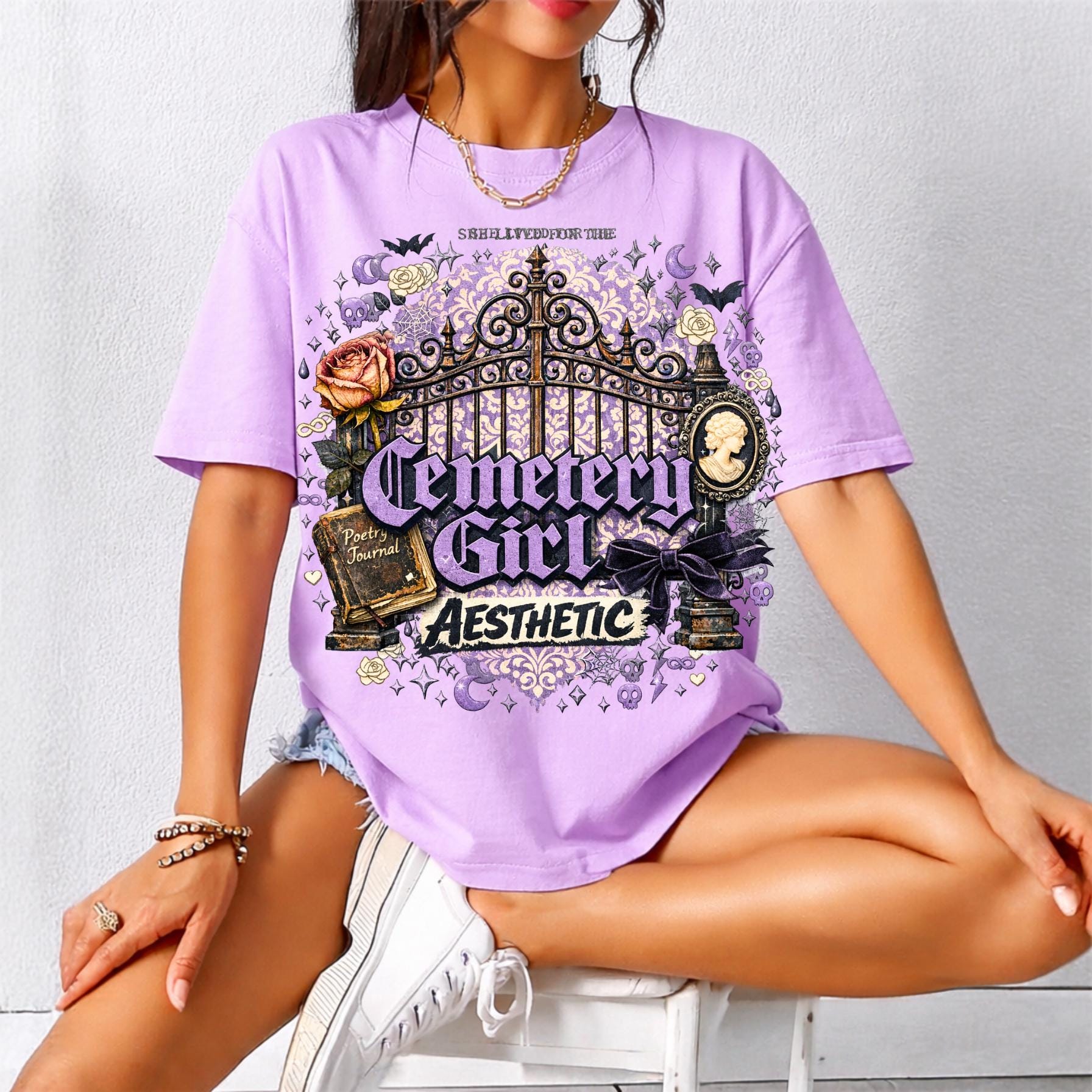Cemetery Girl T-shirt | Gothic Graveyard Gate Vignette Design