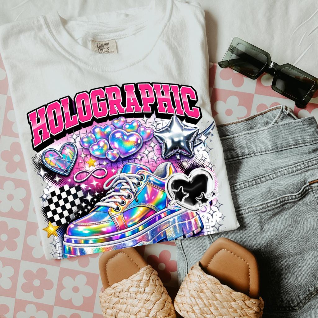 Holographic Sneaker Graphic T-Shirt | Rainbow Shoe Hearts Checkerboard Tee Unisex Streetwear