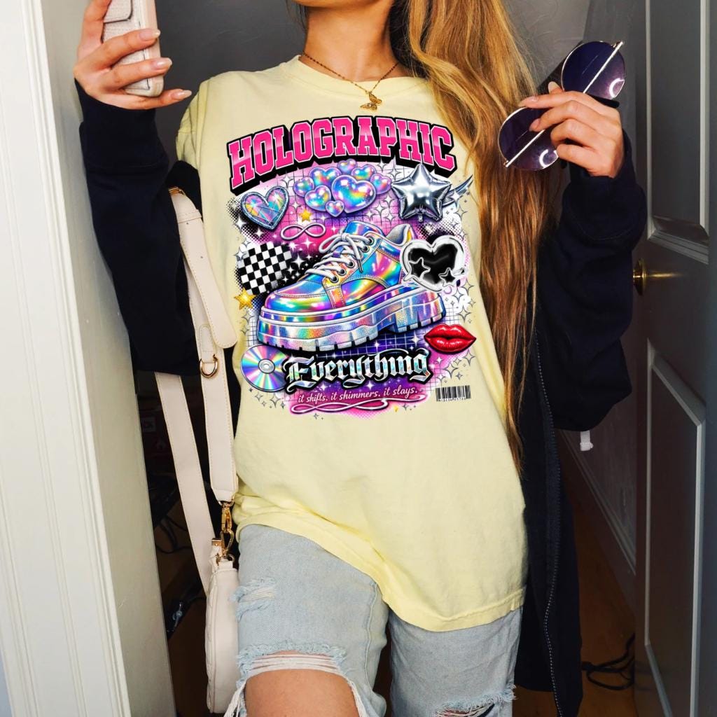 Holographic Sneaker Graphic T-Shirt | Rainbow Shoe Hearts Checkerboard Tee Unisex Streetwear