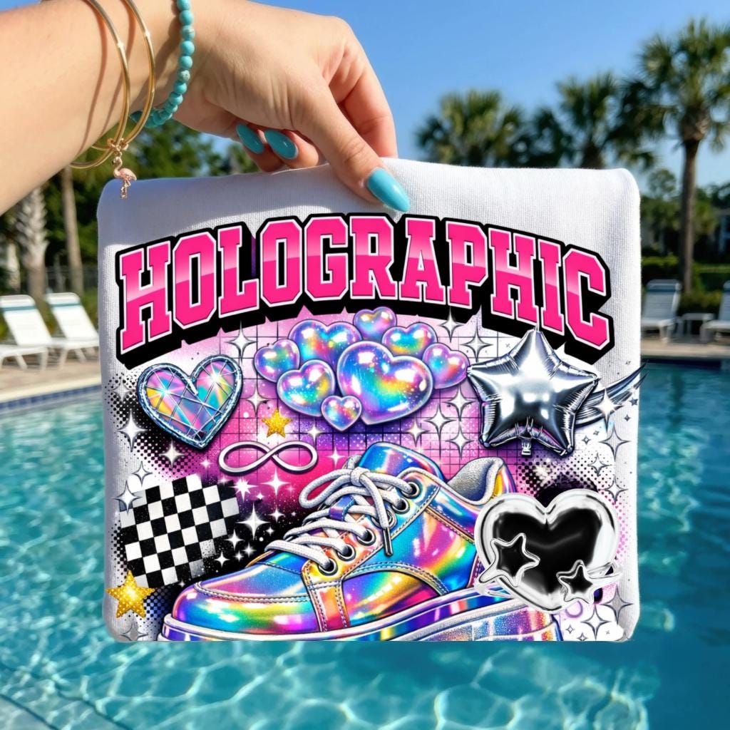 Holographic Sneaker Graphic T-Shirt | Rainbow Shoe Hearts Checkerboard Tee Unisex Streetwear