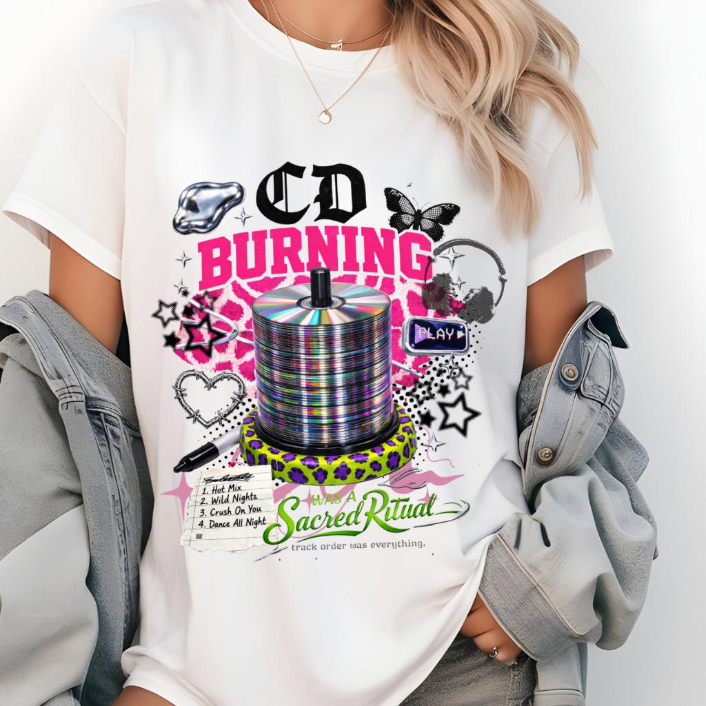 CD Burning Graphic T-Shirt | Retro Disc Pop Art Elements Vintage Music Tee Unisex Style
