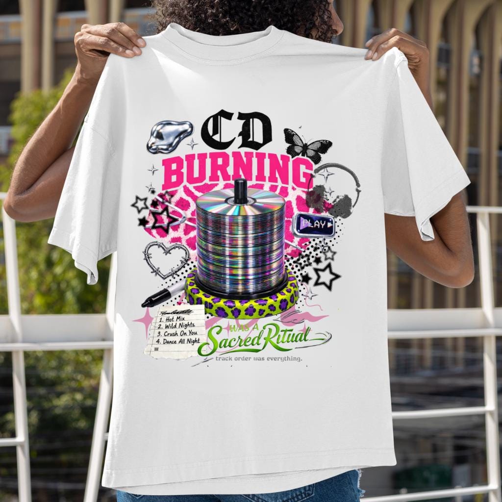 CD Burning Graphic T-Shirt | Retro Disc Pop Art Elements Vintage Music Tee Unisex Style