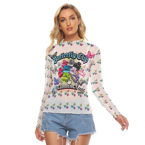 Butterfly Clip Currency Sheer Mesh Top, Y2K Aesthetic Long Sleeve Shirt, 2000s Nostalgia Outfit, Cla