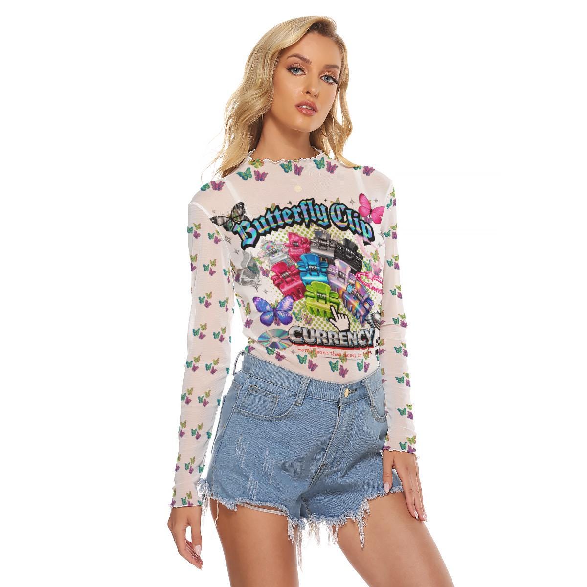 Butterfly Clip Currency Sheer Mesh Top, Y2K Aesthetic Long Sleeve Shirt, 2000s Nostalgia Outfit, Cla