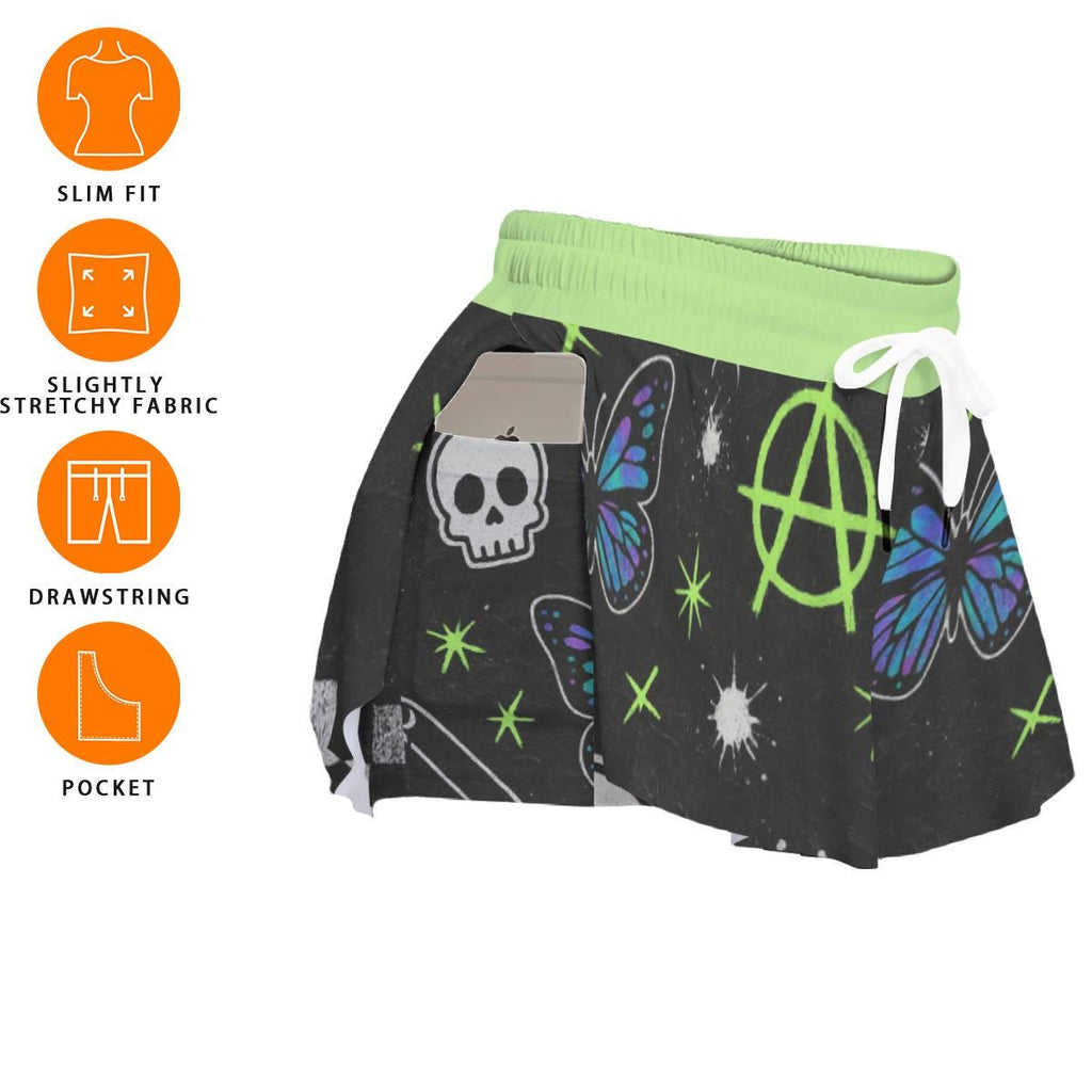 Grunge Y2K Graphic Athletic Shorts, Double Layer Punk Star Workout Shorts