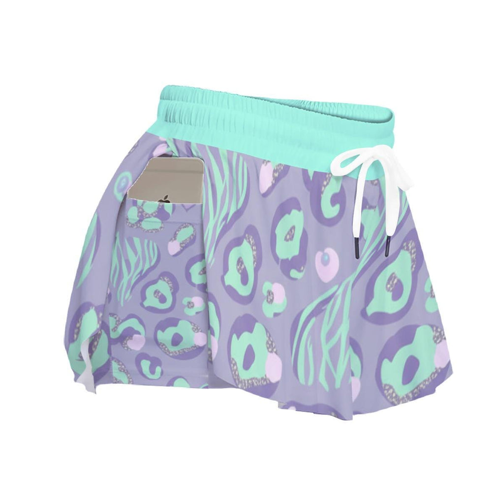 Y2K Pastel Leopard Athletic Shorts, Double Layer Running Shorts, Retro Workout Summer Activewear