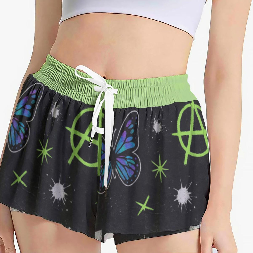 Grunge Y2K Graphic Athletic Shorts, Double Layer Punk Star Workout Shorts