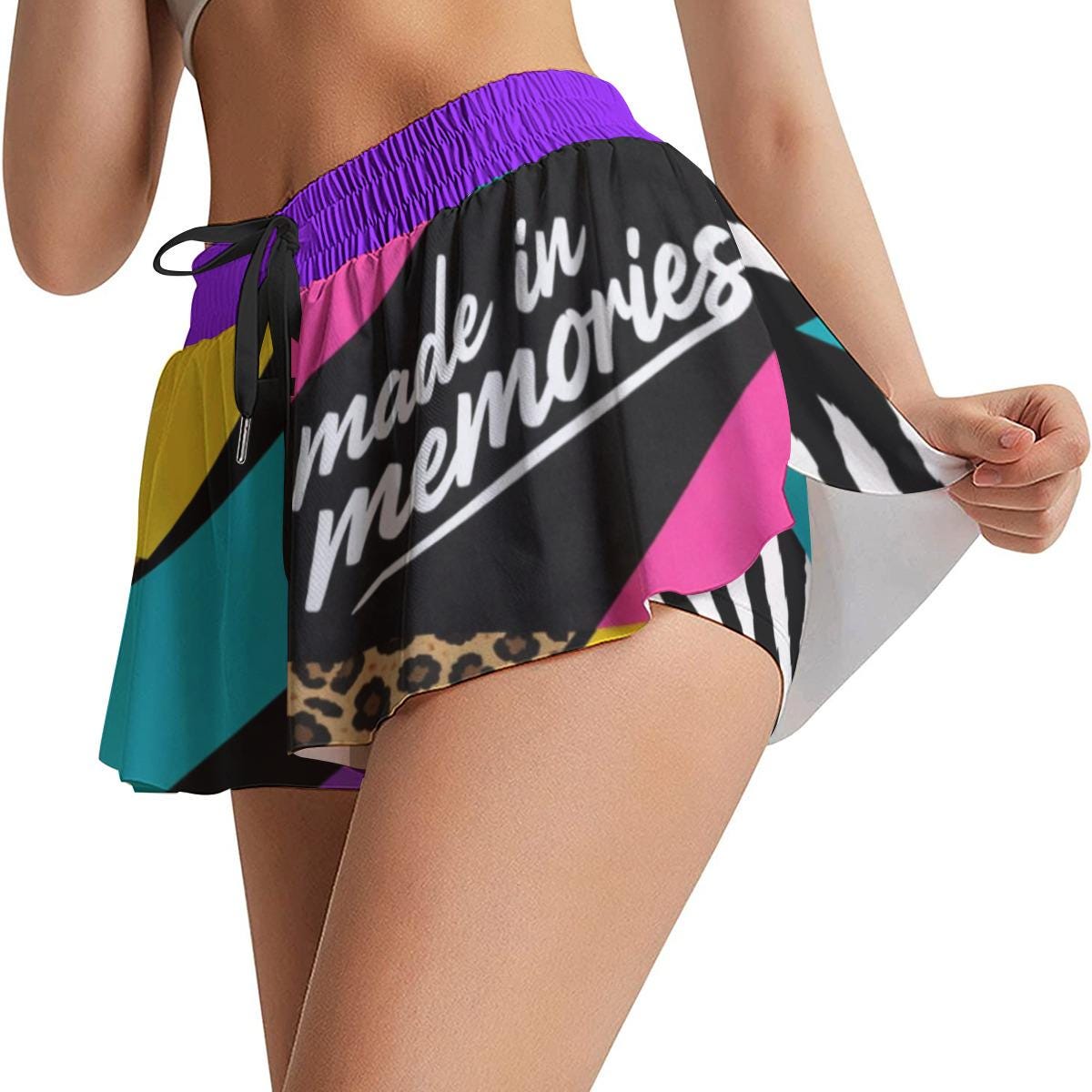 Y2K Retro Colorblock Athletic Shorts, 90s Neon Workout Double Layer Shorts