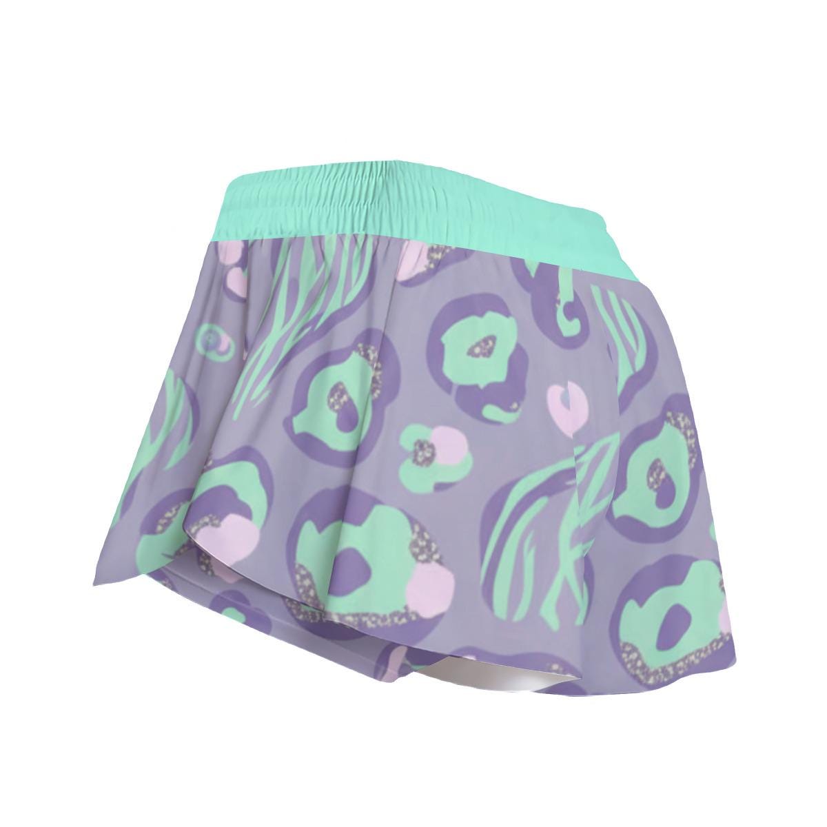 Y2K Pastel Leopard Athletic Shorts, Double Layer Running Shorts, Retro Workout Summer Activewear