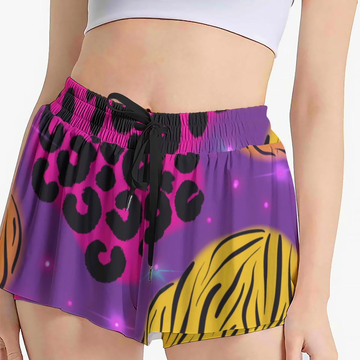 Y2K Neon Animal Print Shorts, Retro Colorblock Athletic Shorts, Summer Activewear