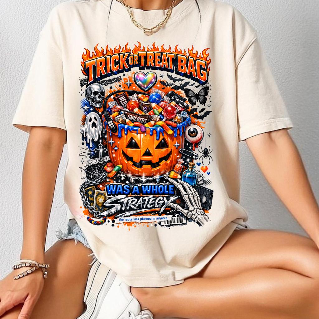 Trick or Treat Bag pumpkin strategy T-Shirt | Halloween candy jack-o'-lantern design