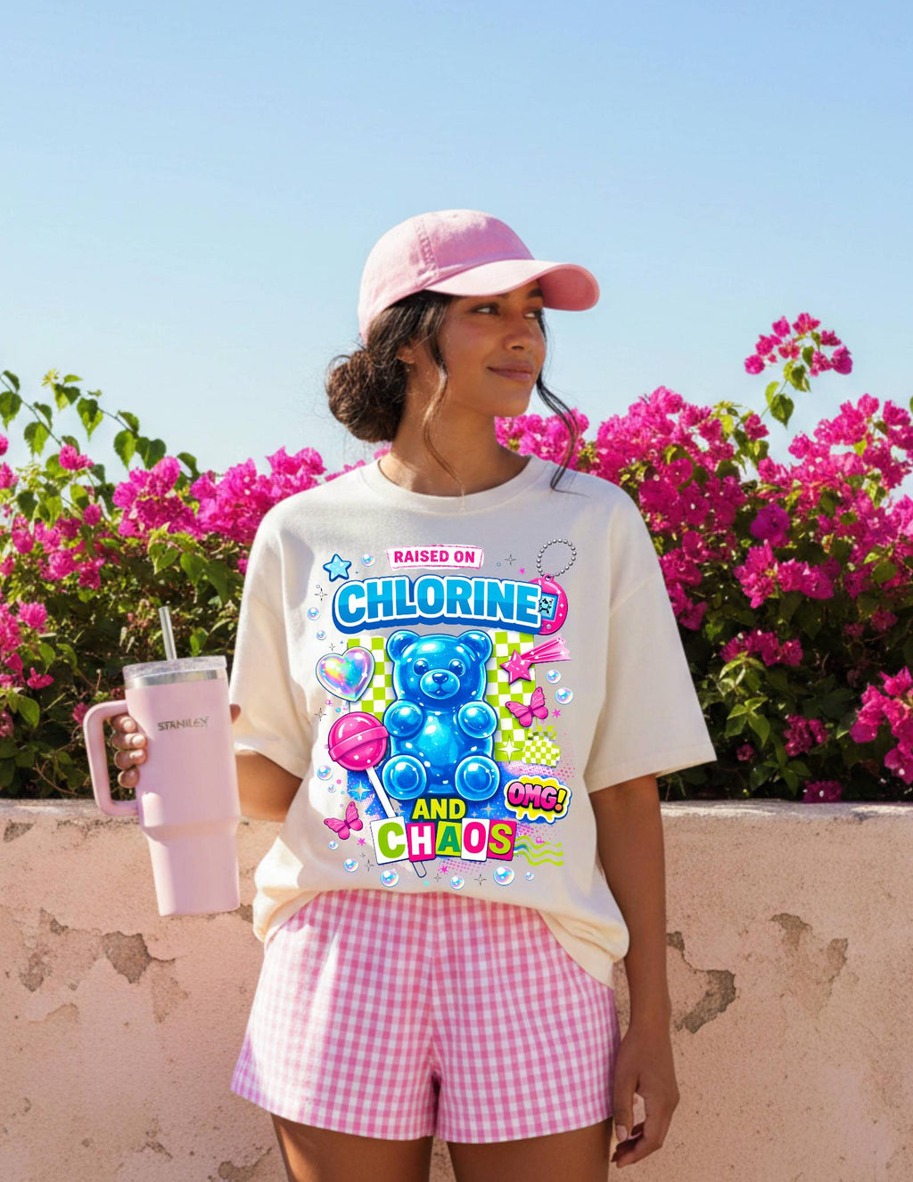 Raised on Chlorine and Chaos Neon Candy Bear Graphic T-Shirt Summer Pool Vibes Tee